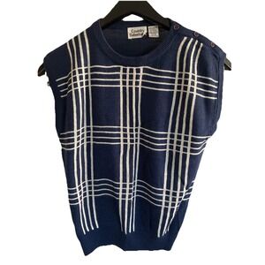 Vintage‎ Country Suburban Navy White Plaid Sweater Vest 3 Buttons Sz M Academia
